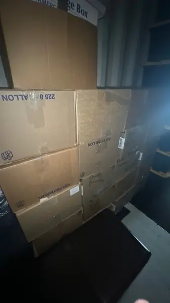 Stacked boxes of packed household contents